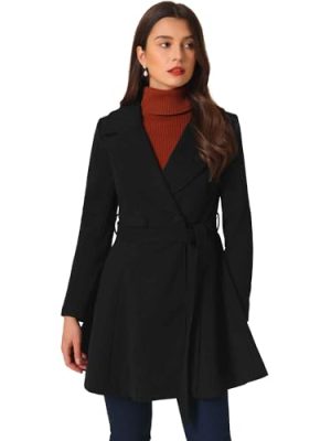 Winter Pea Coats for Women Shawl Lapel Overcoat Single Breasted Belted Long Trench Coat