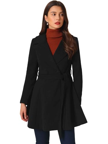Winter Pea Coats for Women Shawl Lapel Overcoat Single Breasted Belted Long Trench Coat