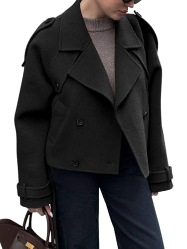 Womens Cropped Pea Coat Double Breasted Dressy Casual Notched Lapel Wool Blend Overcoat with Belt