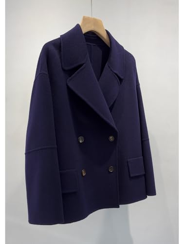 Women Cropped Wool Pea Coats Notched Lapel Double Breasted Crop Woolen Trench Coat Short Jackets with Pockets