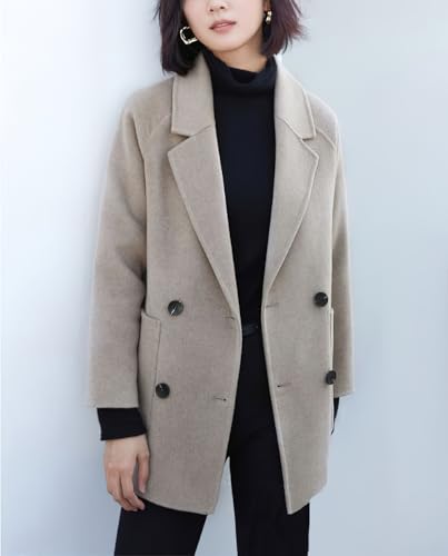 Women's Winter Plaid Wool Trench Coat Notch Lapel Vintage Loose Warm Long Double Breasted Peacoat