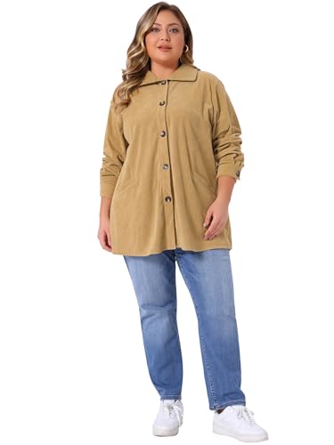 Plus Size Corduroy Shirt for Women Long Sleeve Button Down Blouses Tops Loose Shacket Jacket with Pockets