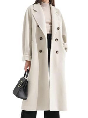 Women's Winter Double Breasted Wool Coat Business Casual Midi Long Winter Trench Coat with Belt