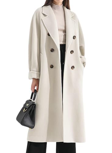 Women's Winter Double Breasted Wool Coat Business Casual Midi Long Winter Trench Coat with Belt