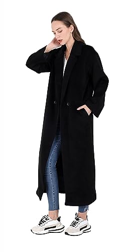 Women's Oversized Notched Collar Wool Blend Single Breast Midi Long Trench Coat