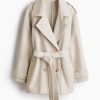 Women's Wool Blend Pea Coat Notch Lapel Double Breasted Winter Loose Short Button Belt Outerwear Jacket