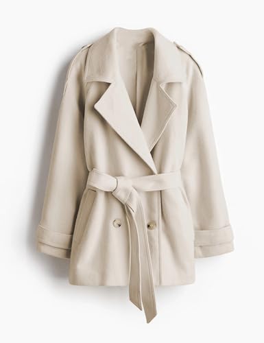 Women's Wool Blend Pea Coat Notch Lapel Double Breasted Winter Loose Short Button Belt Outerwear Jacket