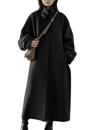 Women's Winter Hidden Single Breasted Wool Coat Raglan Sleeve Business Long Wool Overcoat