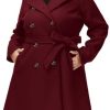 Women Plus Size Double Breasted Wool Pea Coat Notch Lapel Trench Coats Mid Long Winter Outerwear with Belt
