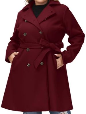 Women Plus Size Double Breasted Wool Pea Coat Notch Lapel Trench Coats Mid Long Winter Outerwear with Belt