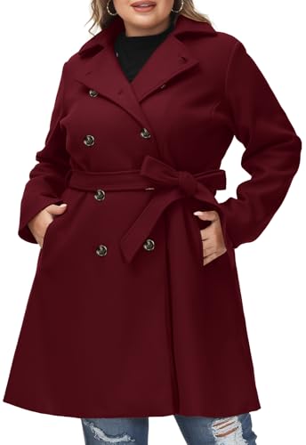 Women Plus Size Double Breasted Wool Pea Coat Notch Lapel Trench Coats Mid Long Winter Outerwear with Belt