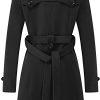 Women's Double Breasted Pea Coat Slim Winter Mid-Long Trench Coat with Long Belt