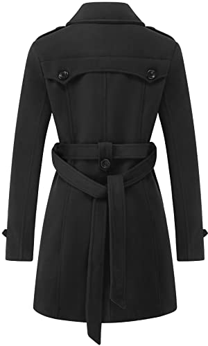 Women's Double Breasted Pea Coat Slim Winter Mid-Long Trench Coat with Long Belt