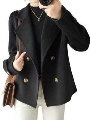Womens Fall Winter Casual Business Wool Blend Coat Loose Double Breasted Dressy Blazer Pea Coat