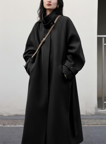 Women's Winter Hidden Single Breasted Wool Coat Raglan Sleeve Business Long Wool Overcoat