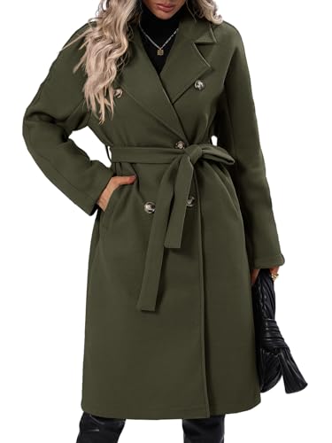 Women Elegant Wool Pea Coat Lapel Collar Double Breasted Mid-Long Winter Overcoats with Belted Pockets