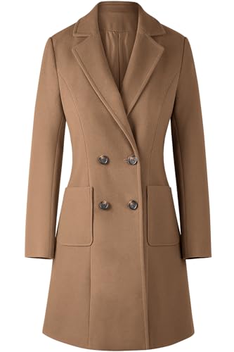 Women's Notch Lapel Double Breasted Mid Long Pea Coat Wool Blend Overcoat Winter Outwear