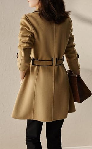 Women's Elegant Lapel Collar Wool Blend Midi-Long Pea Coat Jacket with Belt