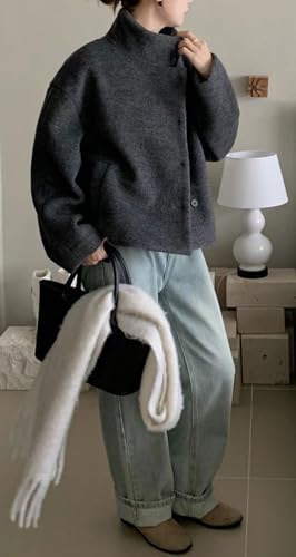Women Warm Winter Short Wool Pea Coat Stand Collar Crop Wool Blend Jacket Outwear