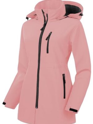 Women's Plus Size Long Softshell Jacket Waterproof Fleece Lined Rain Jacket Lightweight Windbreaker With Hood