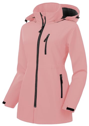 Women's Plus Size Long Softshell Jacket Waterproof Fleece Lined Rain Jacket Lightweight Windbreaker With Hood