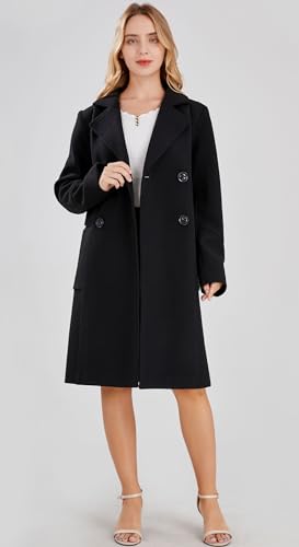 Women's Basic Essential Double Breasted Mid-Long Wool Blend Pea Coat