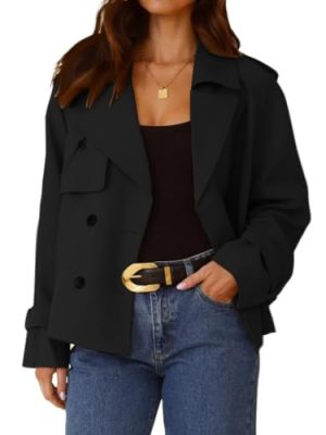 Cropped Trench Coat for Women Spring Fall Trendy Double Breasted Long Sleeve Work Jackets Short Coats