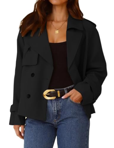 Cropped Trench Coat for Women Spring Fall Trendy Double Breasted Long Sleeve Work Jackets Short Coats