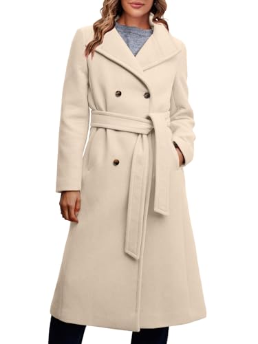 Women Double Breasted Coats Long Winter Work Office Overcoat Pocketed Outwear with Belt