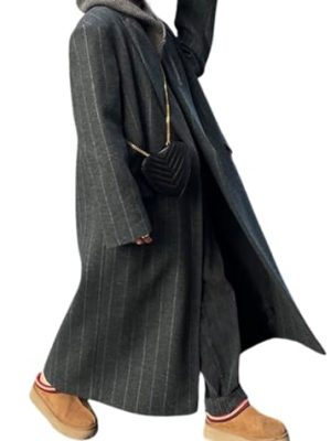 Womens Long Wool Pea Coat Business Casual Striped Trench Coat Winter Warm Notched Lapel Overcoat