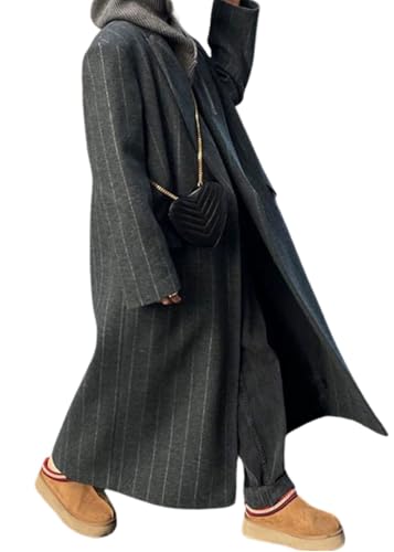 Womens Long Wool Pea Coat Business Casual Striped Trench Coat Winter Warm Notched Lapel Overcoat