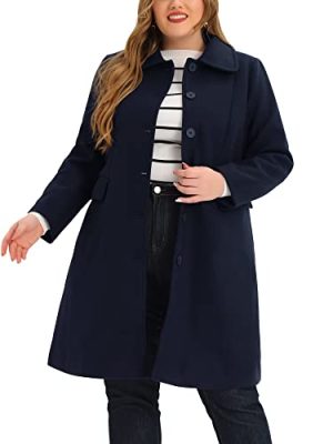 Plus Size Women Long Coats Peter Pan Collar Single Breasted with Pockets Trench Winter Long Peacoat
