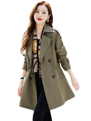 Women Elegant Slim Trench Coat Mid Length Jacket Lined Plus Size Office Windbreaker