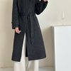 Women's Winter Hidded Button Wool Coat Stand Collar Belted Long Trench Overcoat with Pockets