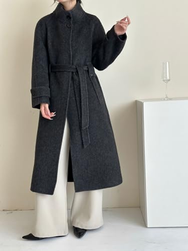 Women's Winter Hidded Button Wool Coat Stand Collar Belted Long Trench Overcoat with Pockets