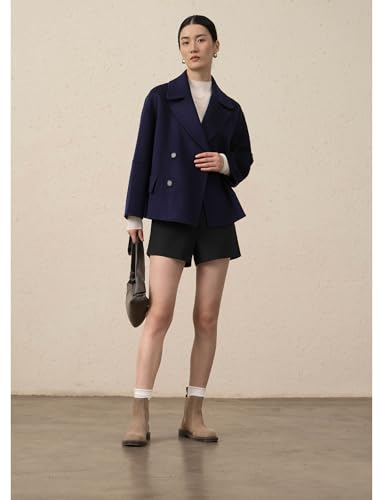 Women Cropped Wool Pea Coats Notched Lapel Double Breasted Crop Woolen Trench Coat Short Jackets with Pockets