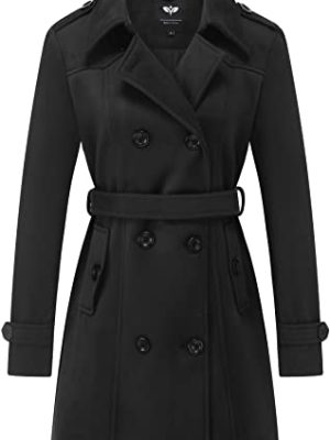 Women's Double Breasted Pea Coat Slim Winter Mid-Long Trench Coat with Long Belt