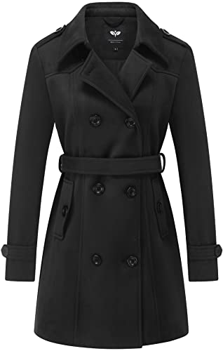 Women's Double Breasted Pea Coat Slim Winter Mid-Long Trench Coat with Long Belt