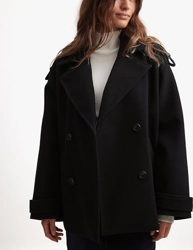 Majdan Women's Double Breasted Short Peacoat Winter Thick Wool Coat Oversized Jacket with Pockets