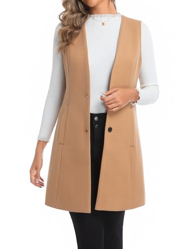 Long Plaid Vest for Women Fall Winter Trench Coat Sleeveless Blazer Jacket Cardigan Wool Vest Top Waistcoat