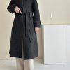 Women's Winter Hidded Button Wool Coat Stand Collar Belted Long Trench Overcoat with Pockets