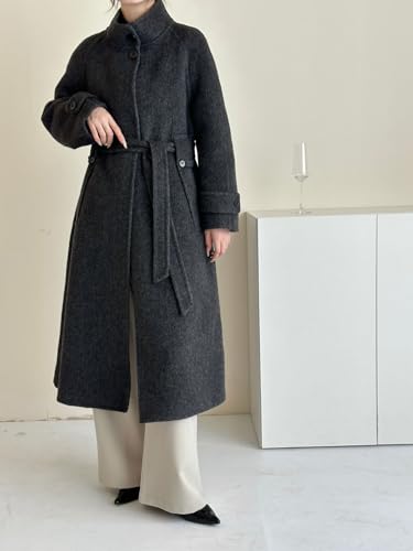 Women's Winter Hidded Button Wool Coat Stand Collar Belted Long Trench Overcoat with Pockets