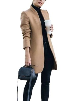 Women's Stand Collar Open Front Wool Pea Coats Fall Winter Warm Mid-Long Trench Coat Overcoat Slim Fit Jackets