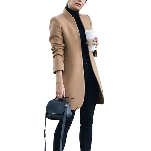 Women's Stand Collar Open Front Wool Pea Coats Fall Winter Warm Mid-Long Trench Coat Overcoat Slim Fit Jackets