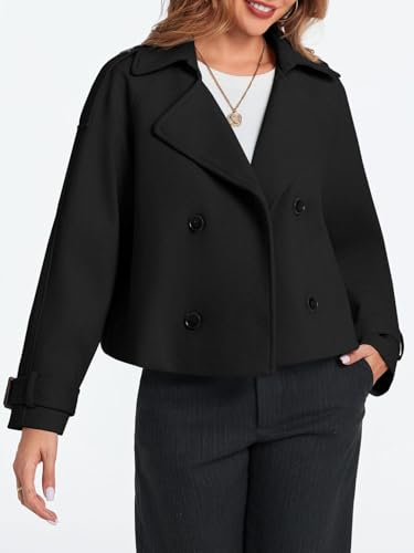 Womens Cropped Trench Coat Double Breasted Notched Lapel Pea Coats Wool Blend Jacket Outerwear