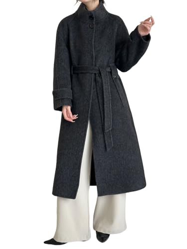 Women's Winter Hidded Button Wool Coat Stand Collar Belted Long Trench Overcoat with Pockets
