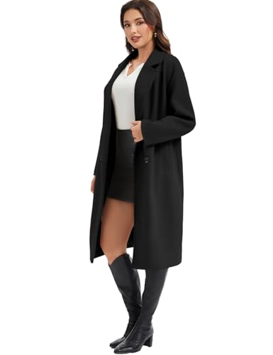 Womens Long Pea Coat Notch Lapel Double Breasted Trench Coat Fall Winter Overcoat Long Jacket