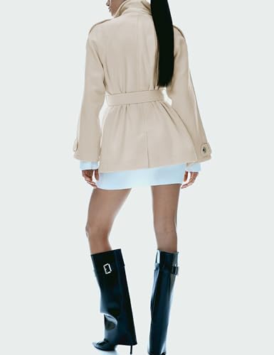 Women's Wool Blend Pea Coat Notch Lapel Double Breasted Winter Loose Short Button Belt Outerwear Jacket