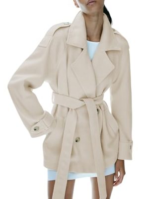 Women's Wool Blend Pea Coat Notch Lapel Double Breasted Winter Loose Short Button Belt Outerwear Jacket