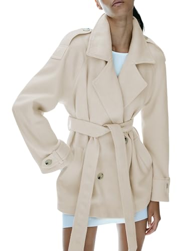 Women's Wool Blend Pea Coat Notch Lapel Double Breasted Winter Loose Short Button Belt Outerwear Jacket